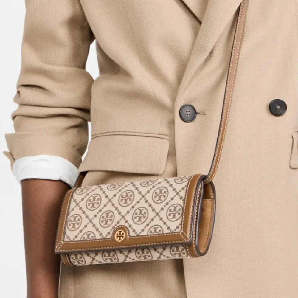 NEW! Tory Burch T Monogram Jacquard Wallet Crossbody -Hazelnut